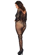Elegant bodystocking, small fishnet, open crotch, floral lace, long sleeves, plus size